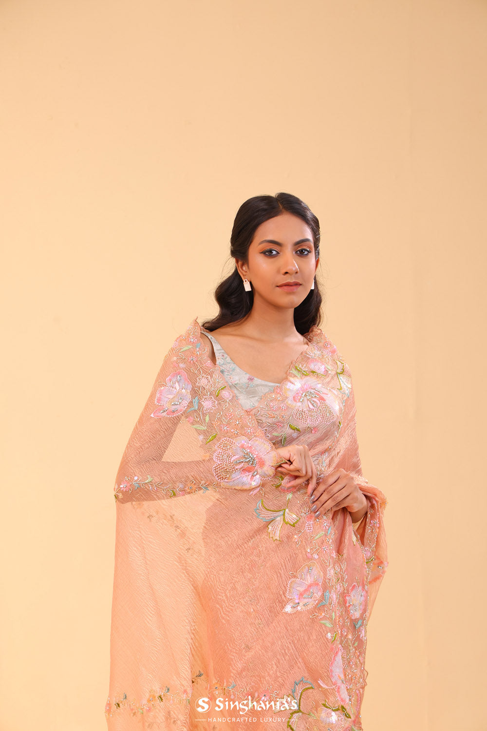 Salmon Peach Crushed Tissue Handcrafted Saree