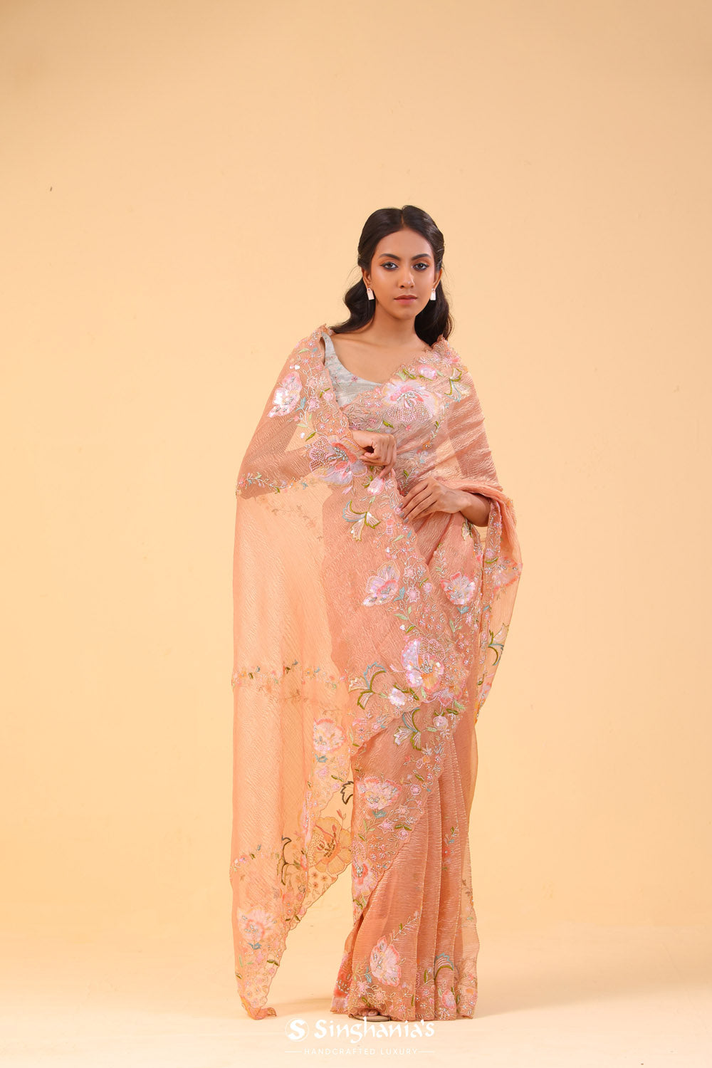 Salmon Peach Crushed Tissue Handcrafted Saree