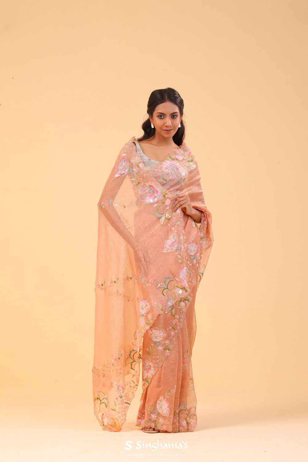 Salmon Peach Crushed Tissue Handcrafted Saree