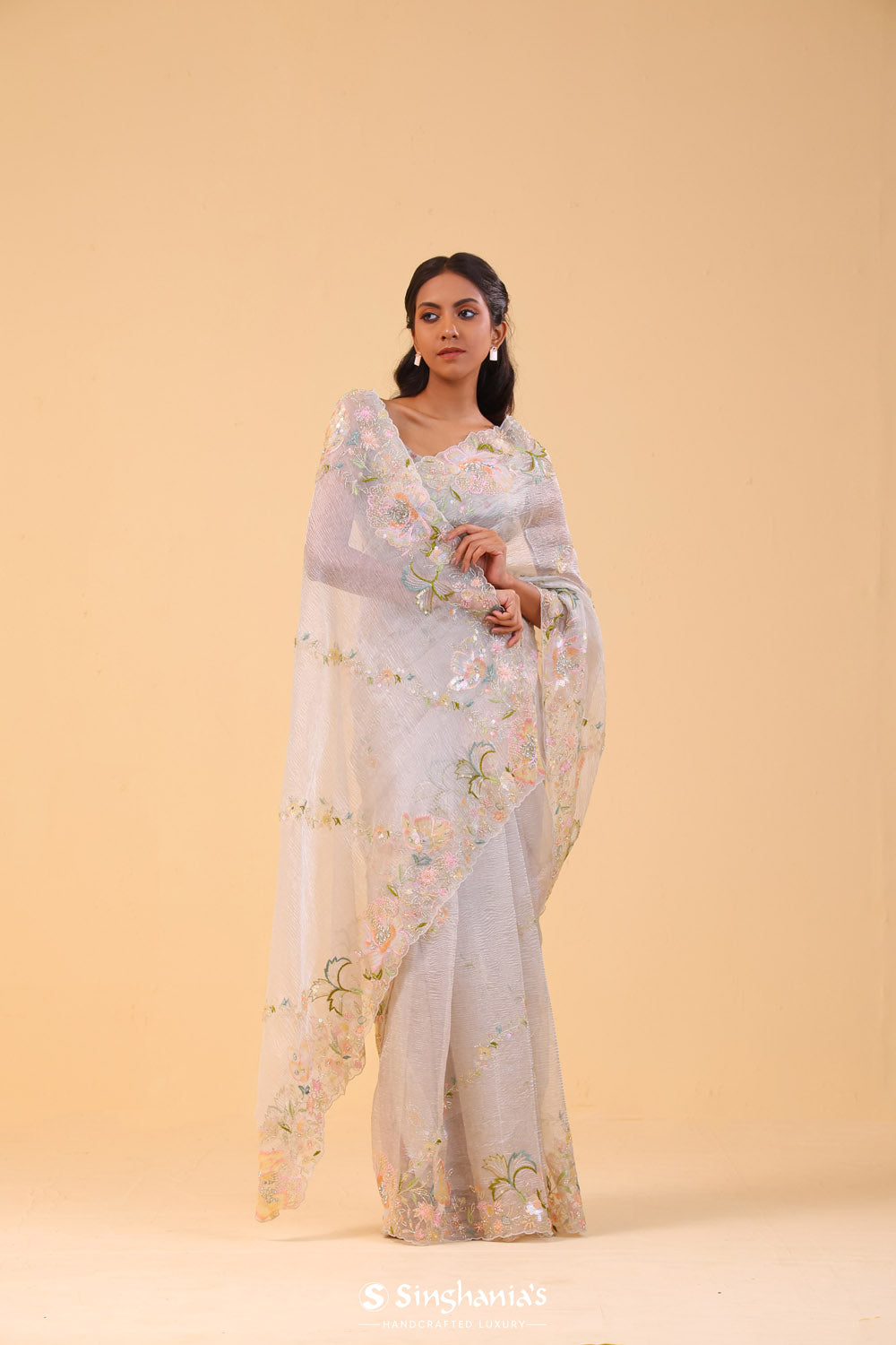 Spring White Crushed Tissue Handcrafted Saree