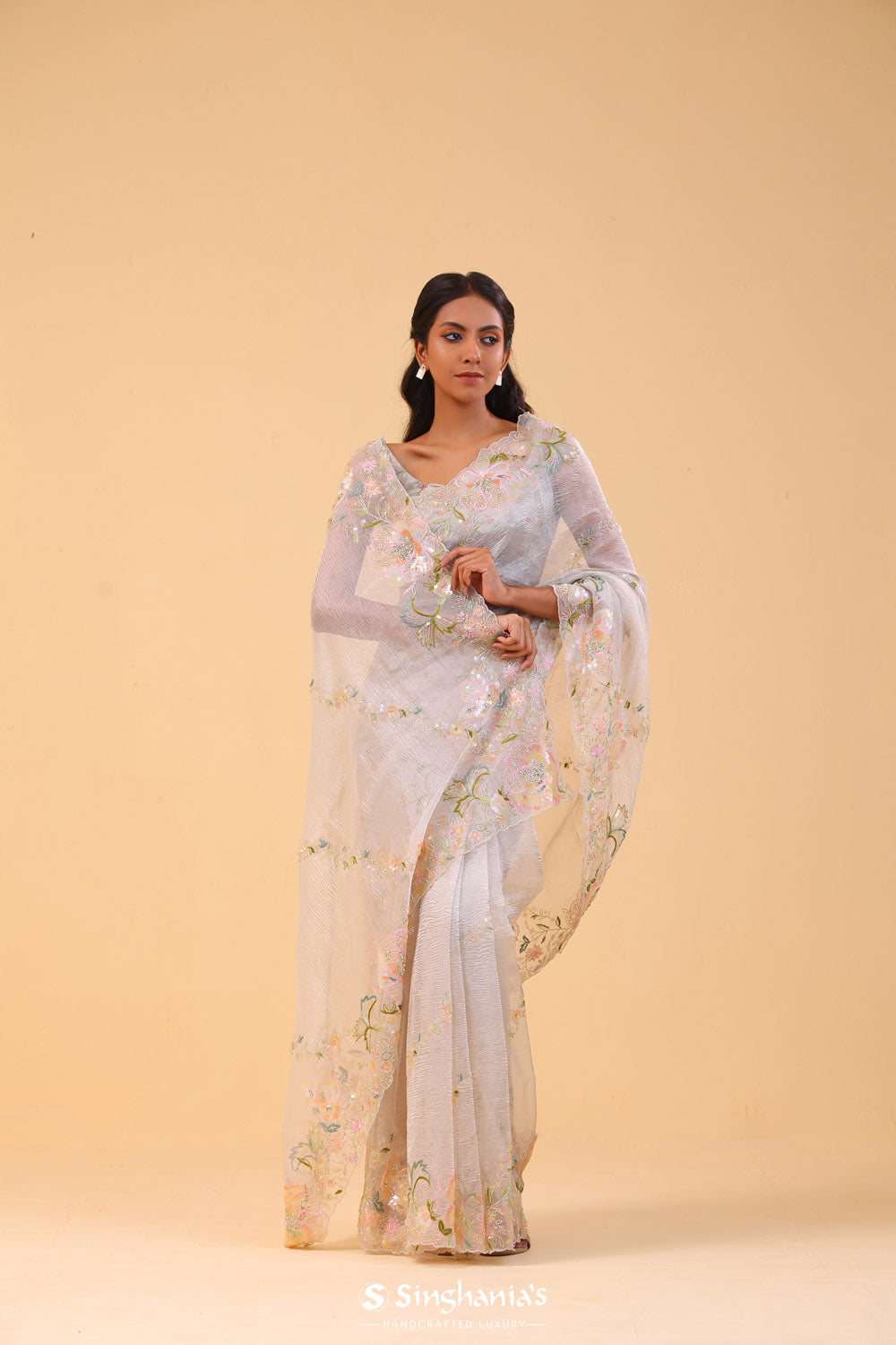 Spring White Crushed Tissue Handcrafted Saree