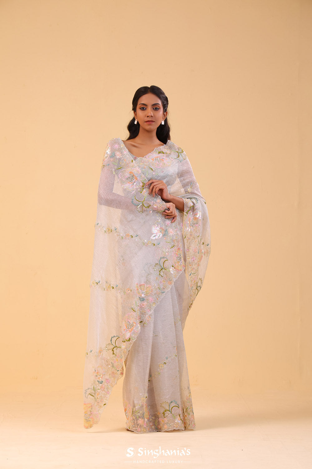 Spring White Crushed Tissue Handcrafted Saree