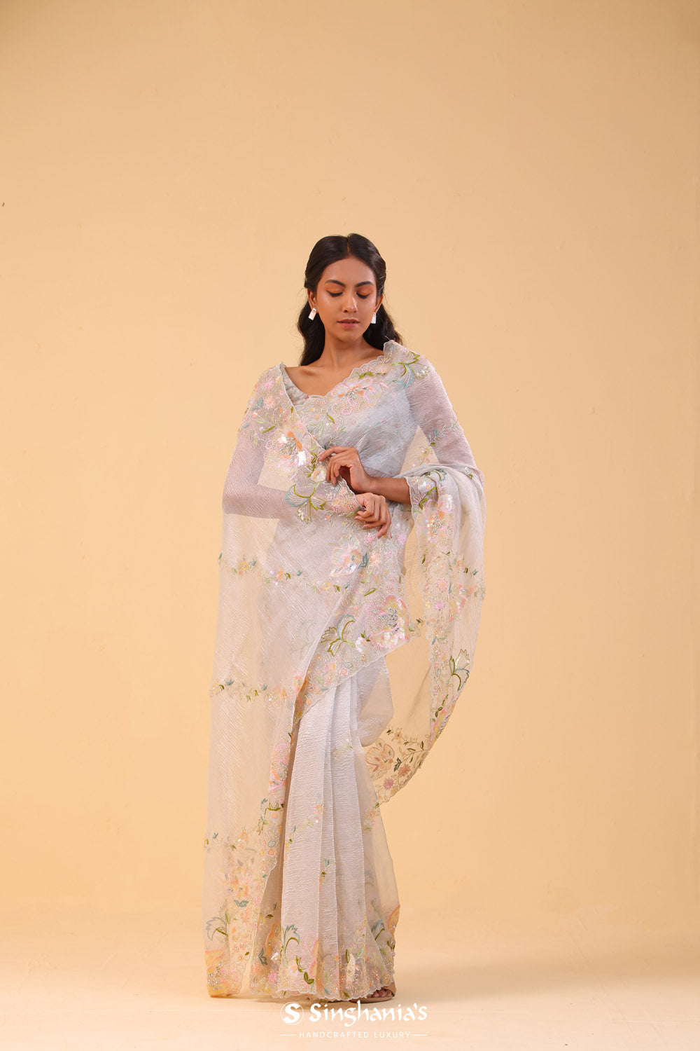 Spring White Crushed Tissue Handcrafted Saree