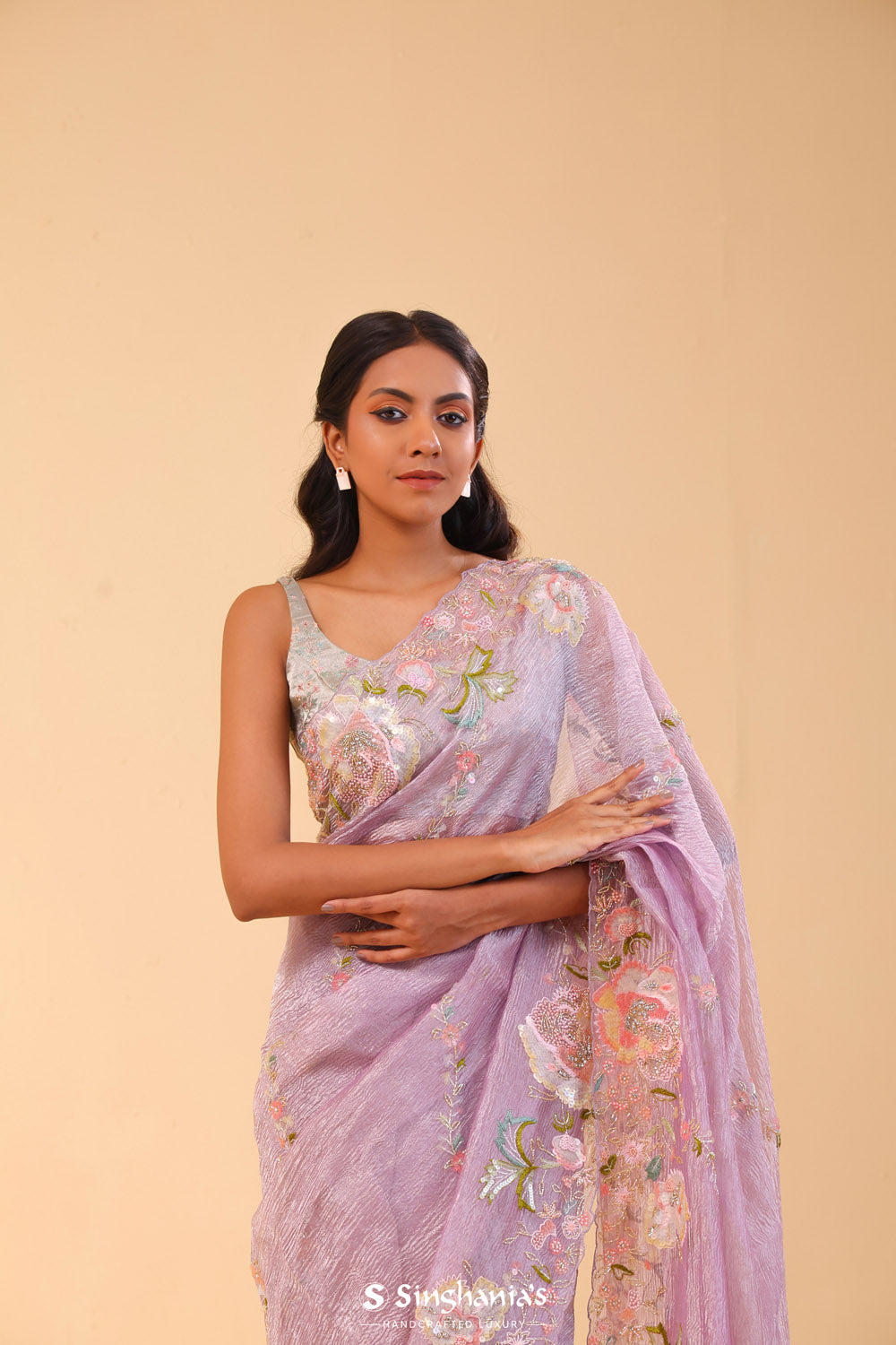 Thistle Purple Crushed Tissue Handcrafted Saree