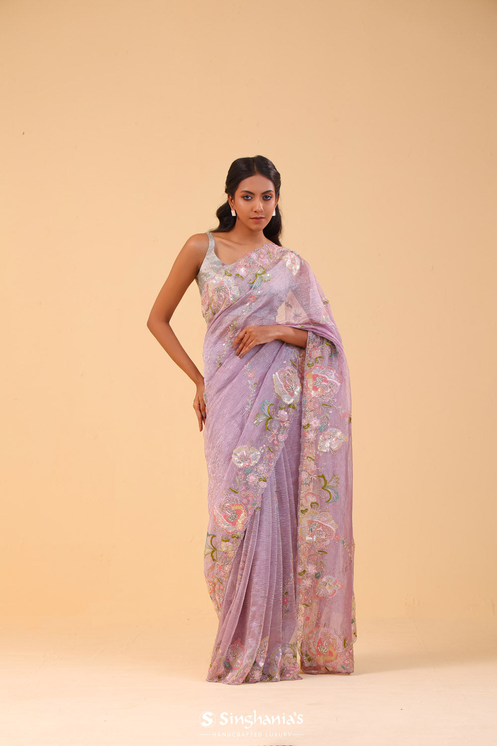 Thistle Purple Crushed Tissue Handcrafted Saree