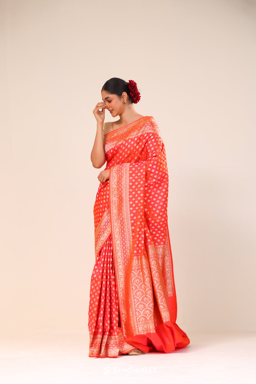 Tomato Red Chiniya Banarasi Silk Saree