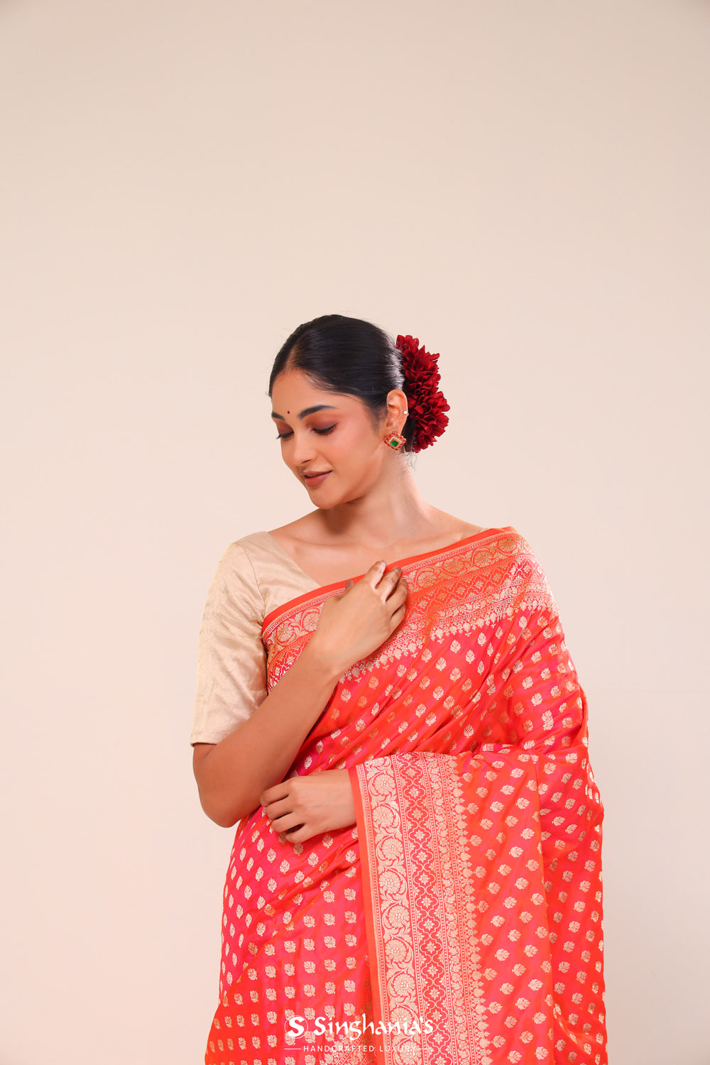 Tomato Red Chiniya Banarasi Silk Saree