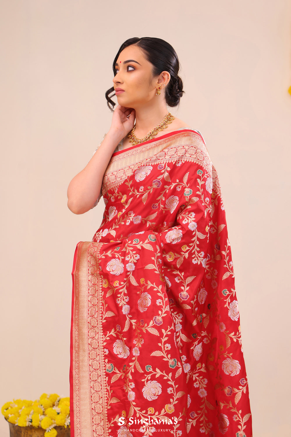 Bright Red Jaal Banarasi Silk Saree