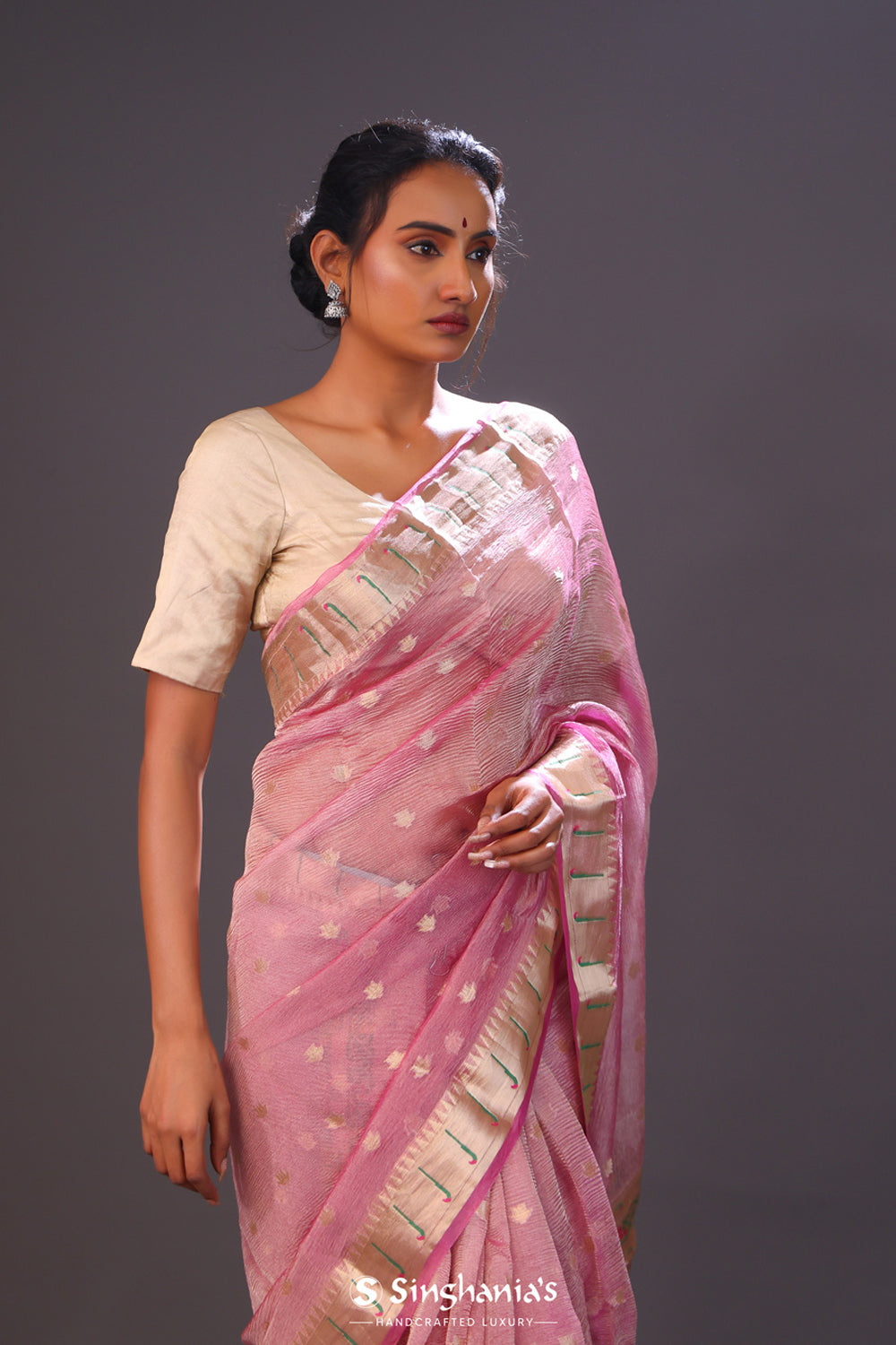 Rose Pink Tissue Chiniya Banarasi Saree