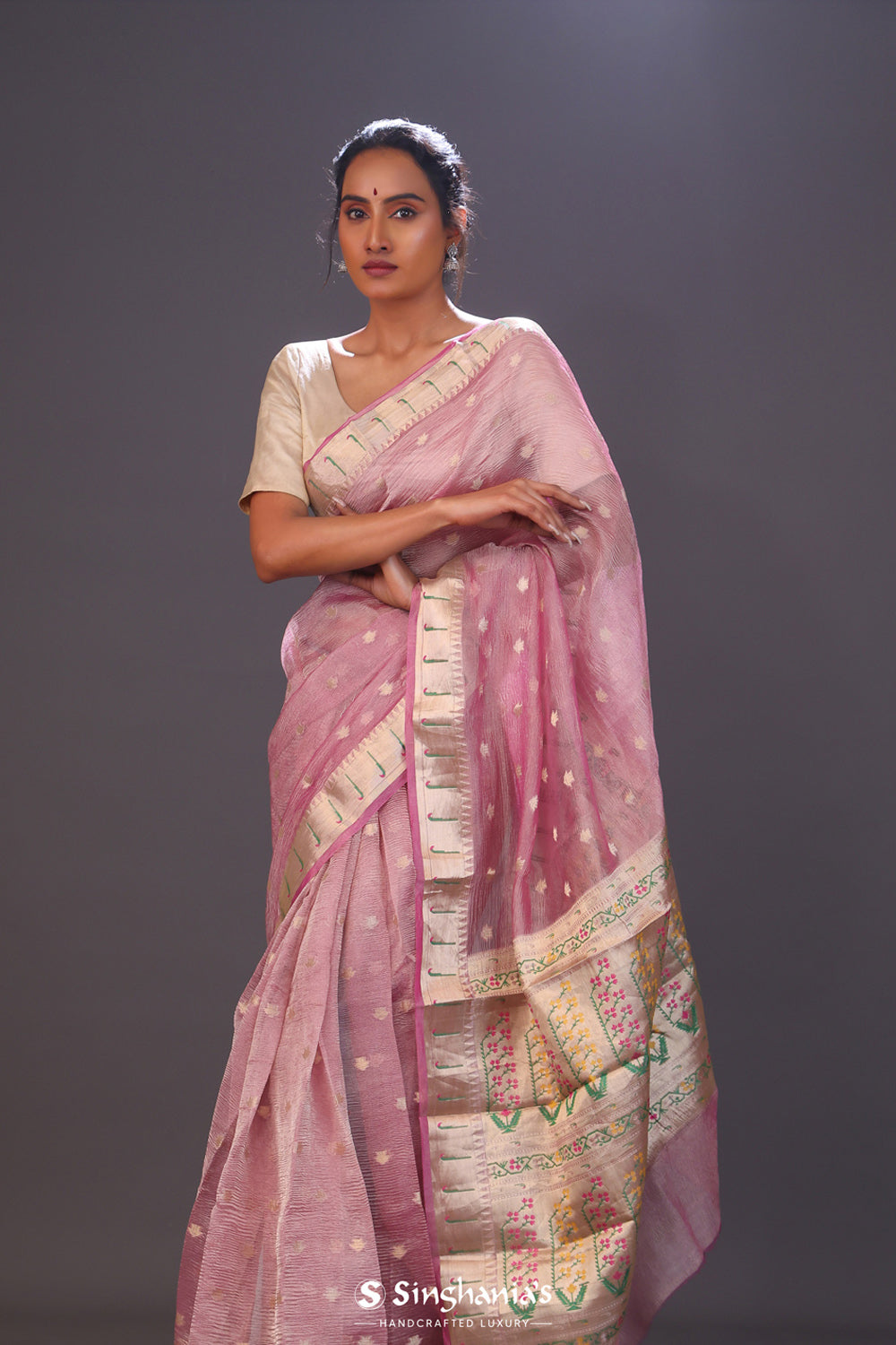 Rose Pink Tissue Chiniya Banarasi Saree