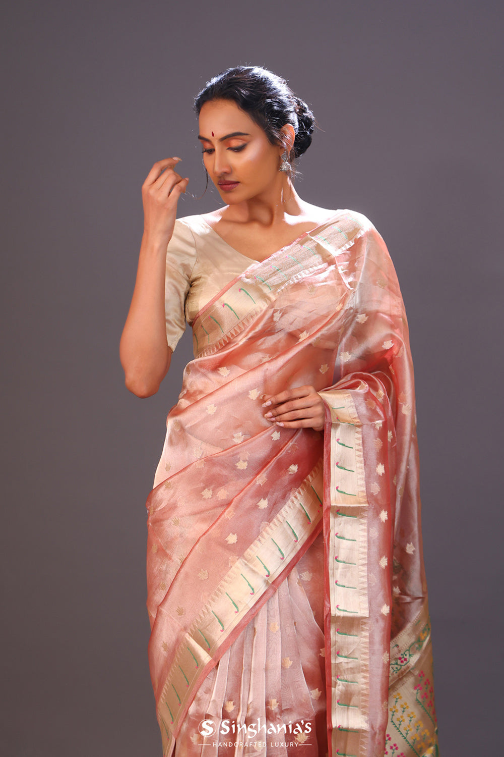 Rose Peach Tissue Chiniya Banarasi Saree