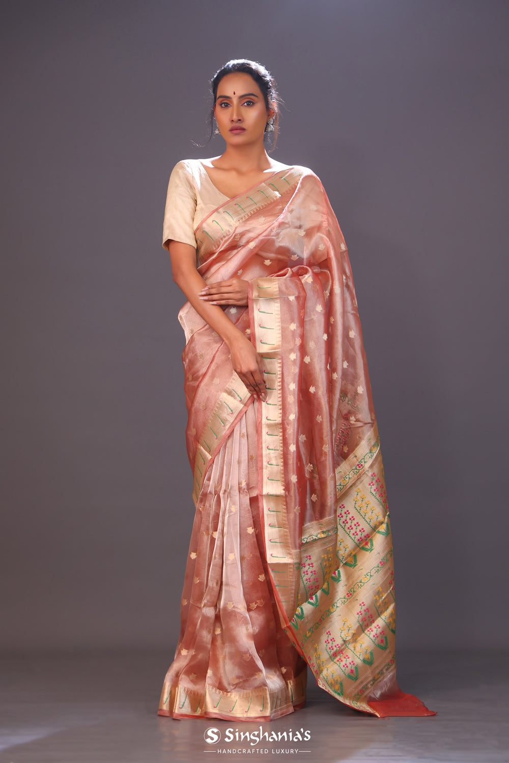 Rose Peach Tissue Chiniya Banarasi Saree