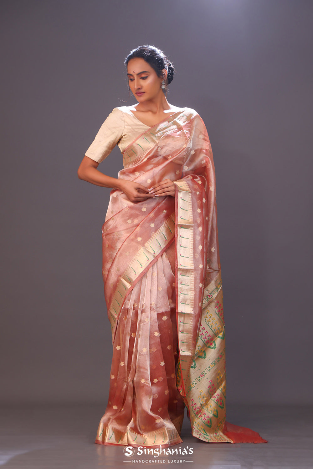 Rose Peach Tissue Chiniya Banarasi Saree