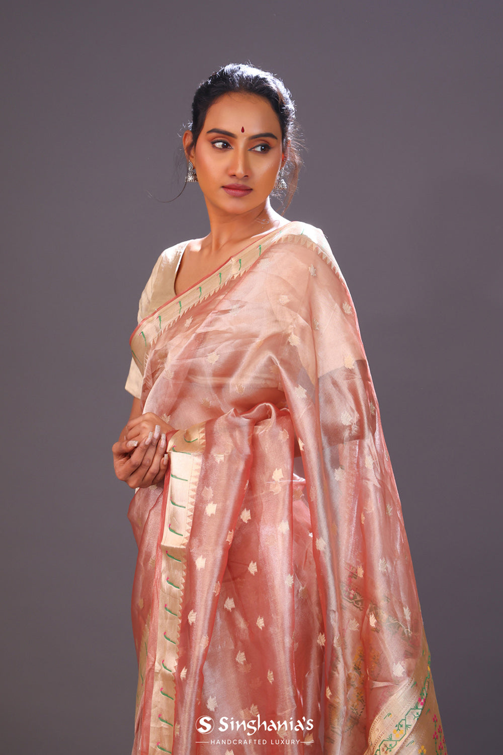 Rose Peach Tissue Chiniya Banarasi Saree