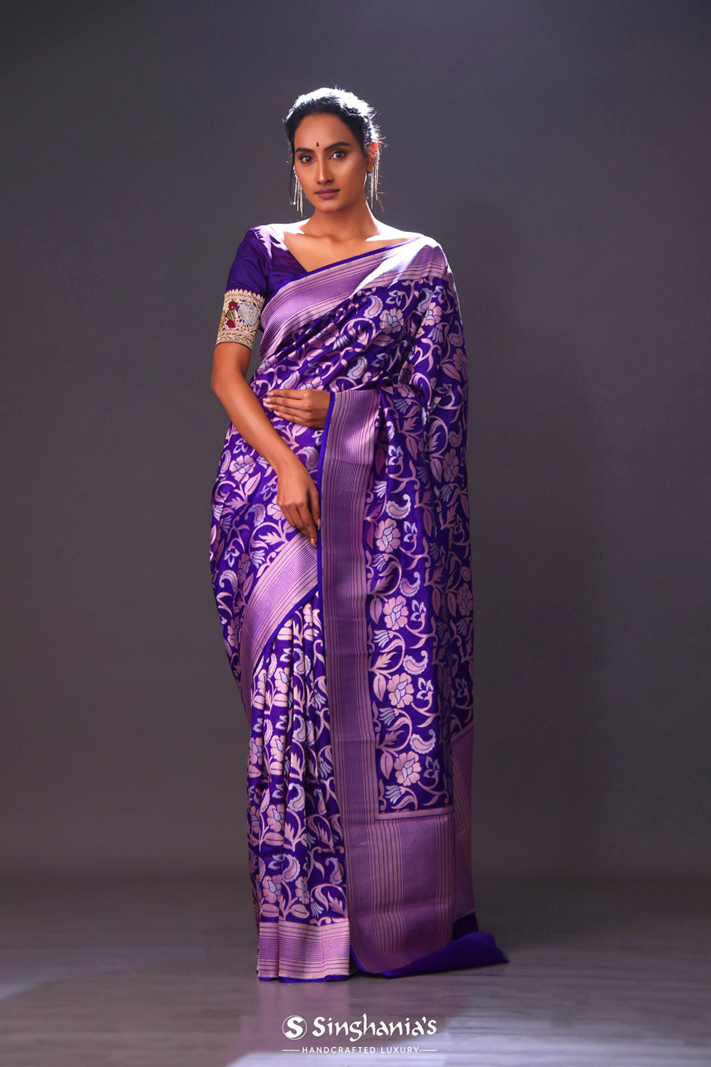 Indigo Purple Floral Banarasi Silk Saree