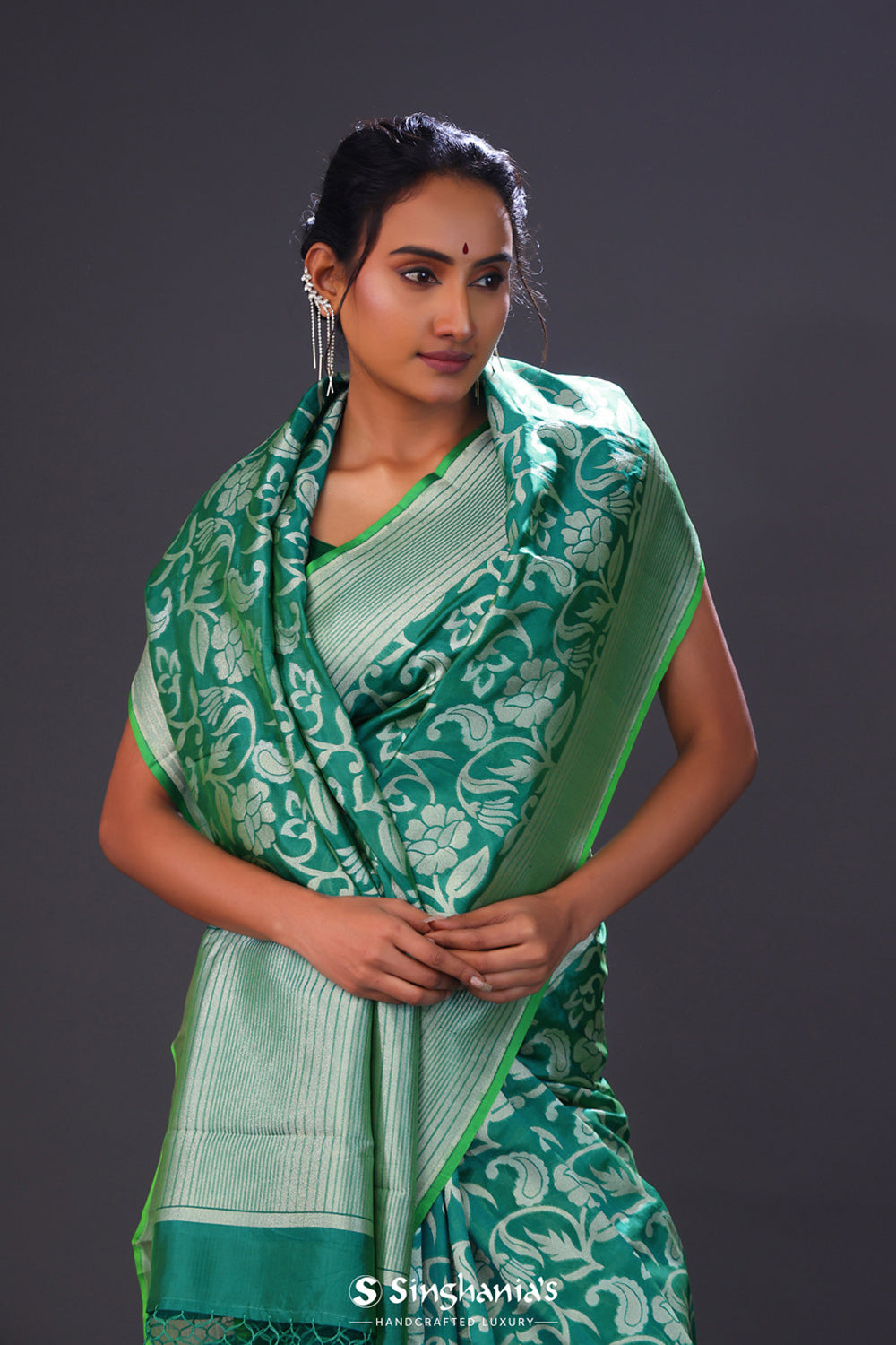 Viridian Green Jaal Banarasi Silk Saree