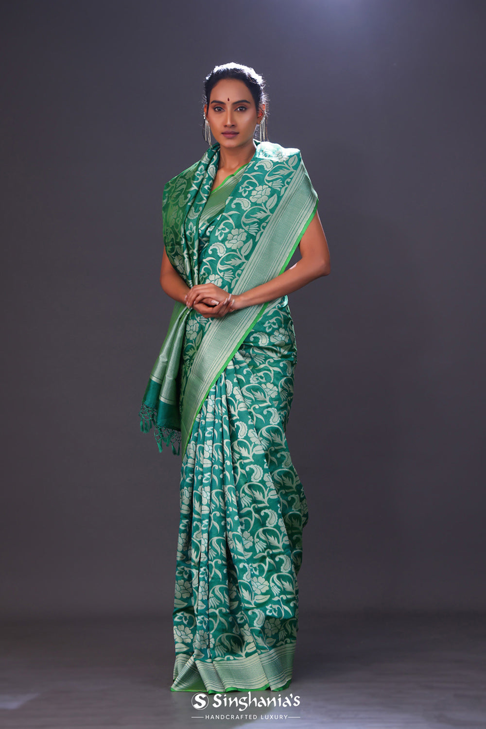 Viridian Green Jaal Banarasi Silk Saree