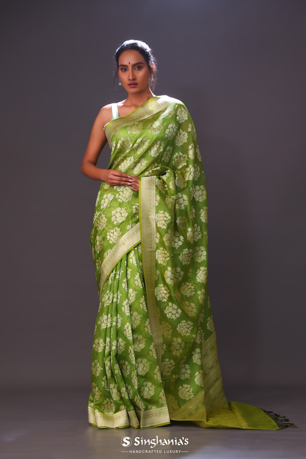 Dark Lemon-Lime Floral Banarasi Silk Saree