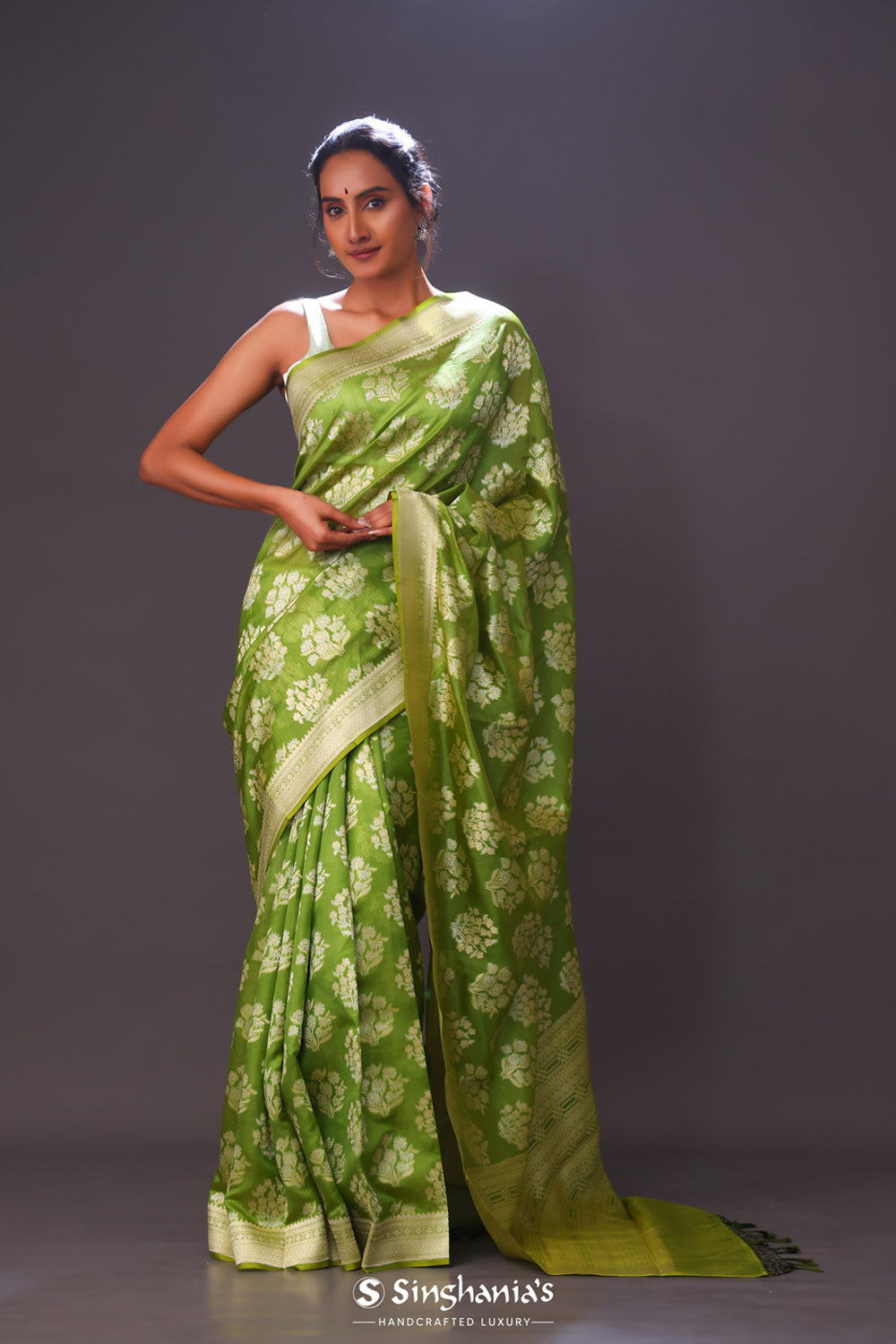 Dark Lemon-Lime Floral Banarasi Silk Saree