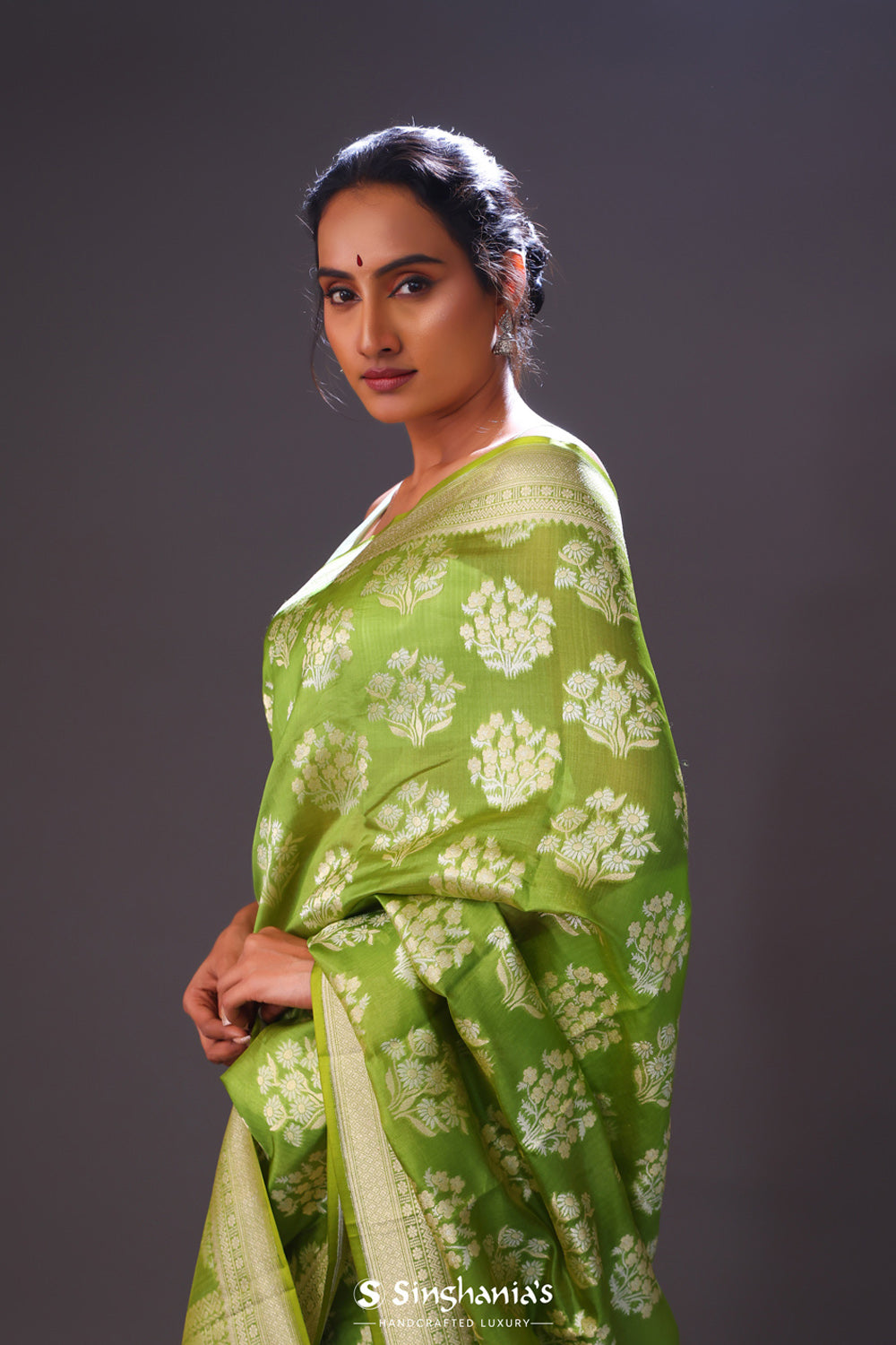 Dark Lemon-Lime Floral Banarasi Silk Saree