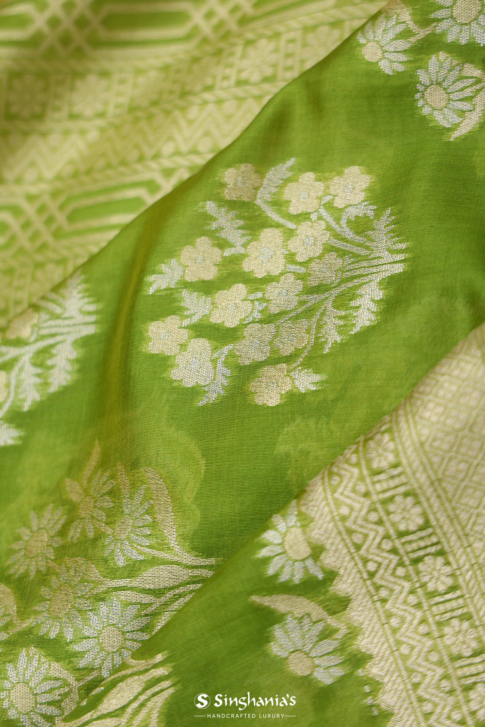 Dark Lemon-Lime Floral Banarasi Silk Saree