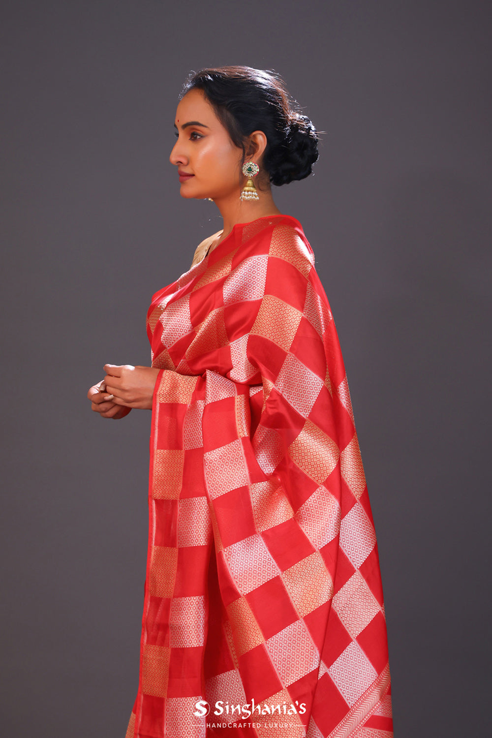 Persian Red Checks Banarasi Silk Saree