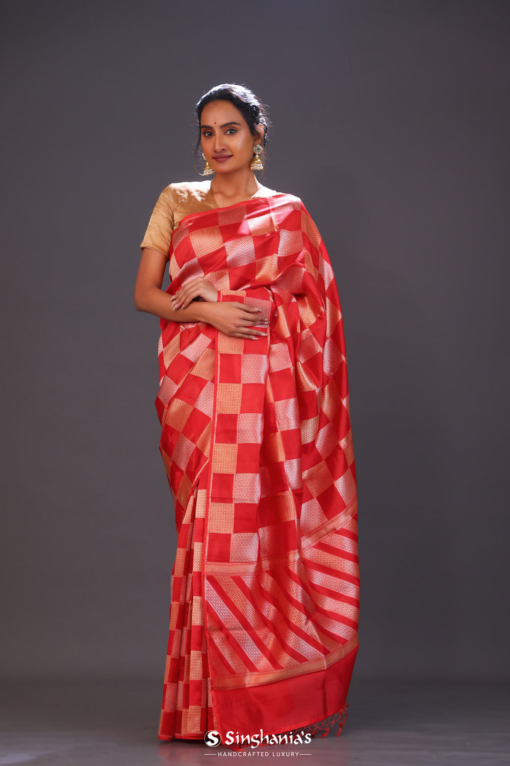 Persian Red Checks Banarasi Silk Saree