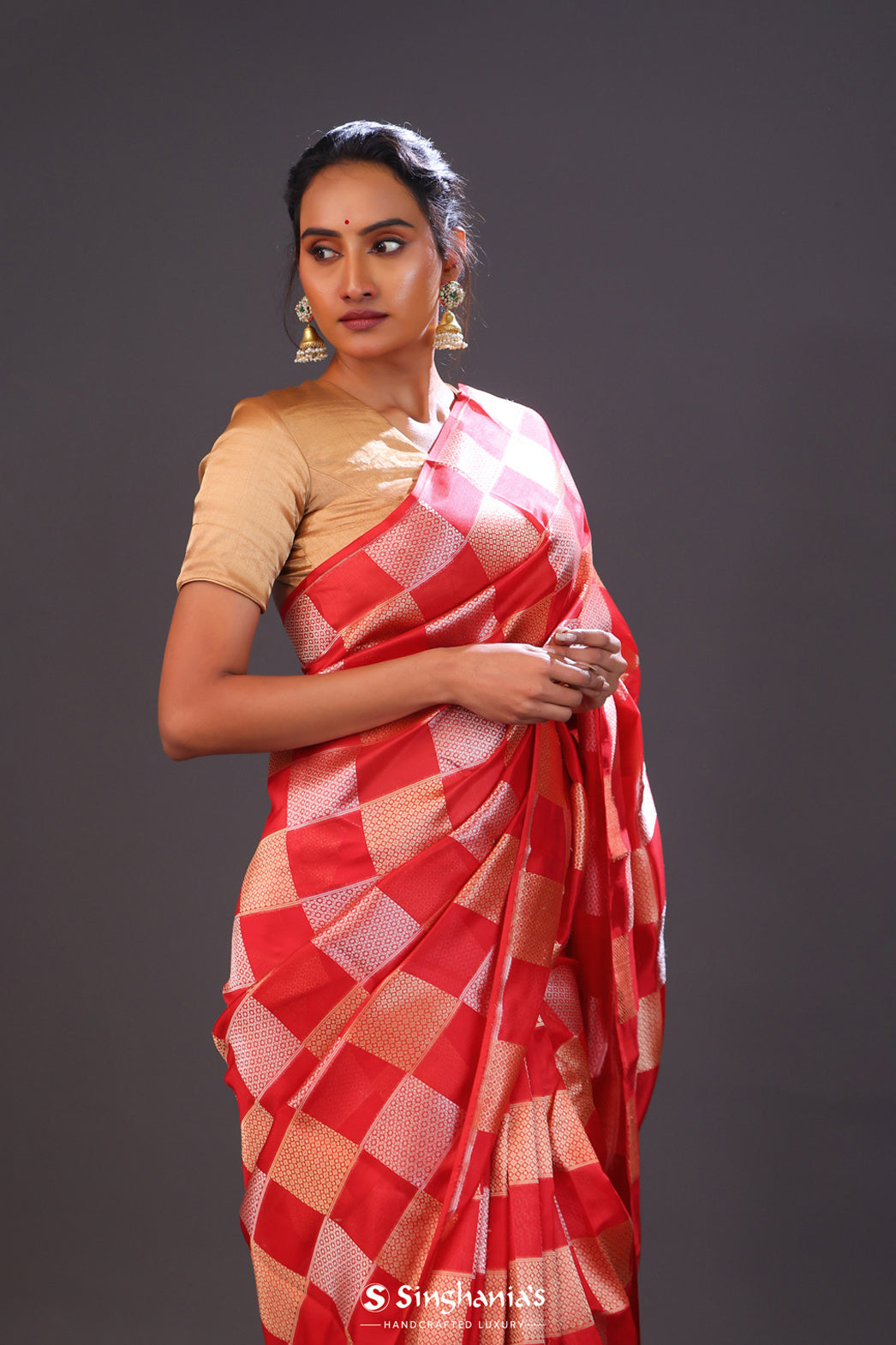 Persian Red Checks Banarasi Silk Saree