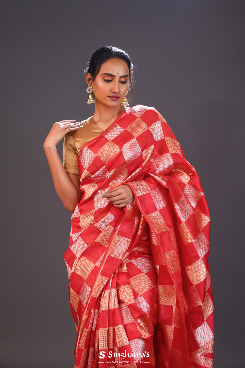 Persian Red Checks Banarasi Silk Saree