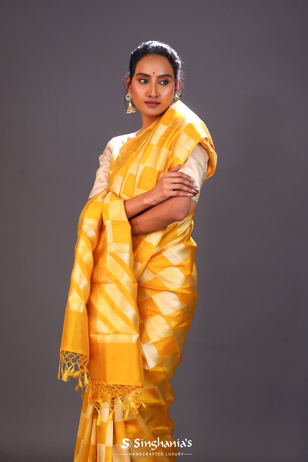 Honey Yellow Checks Banarasi Silk Saree