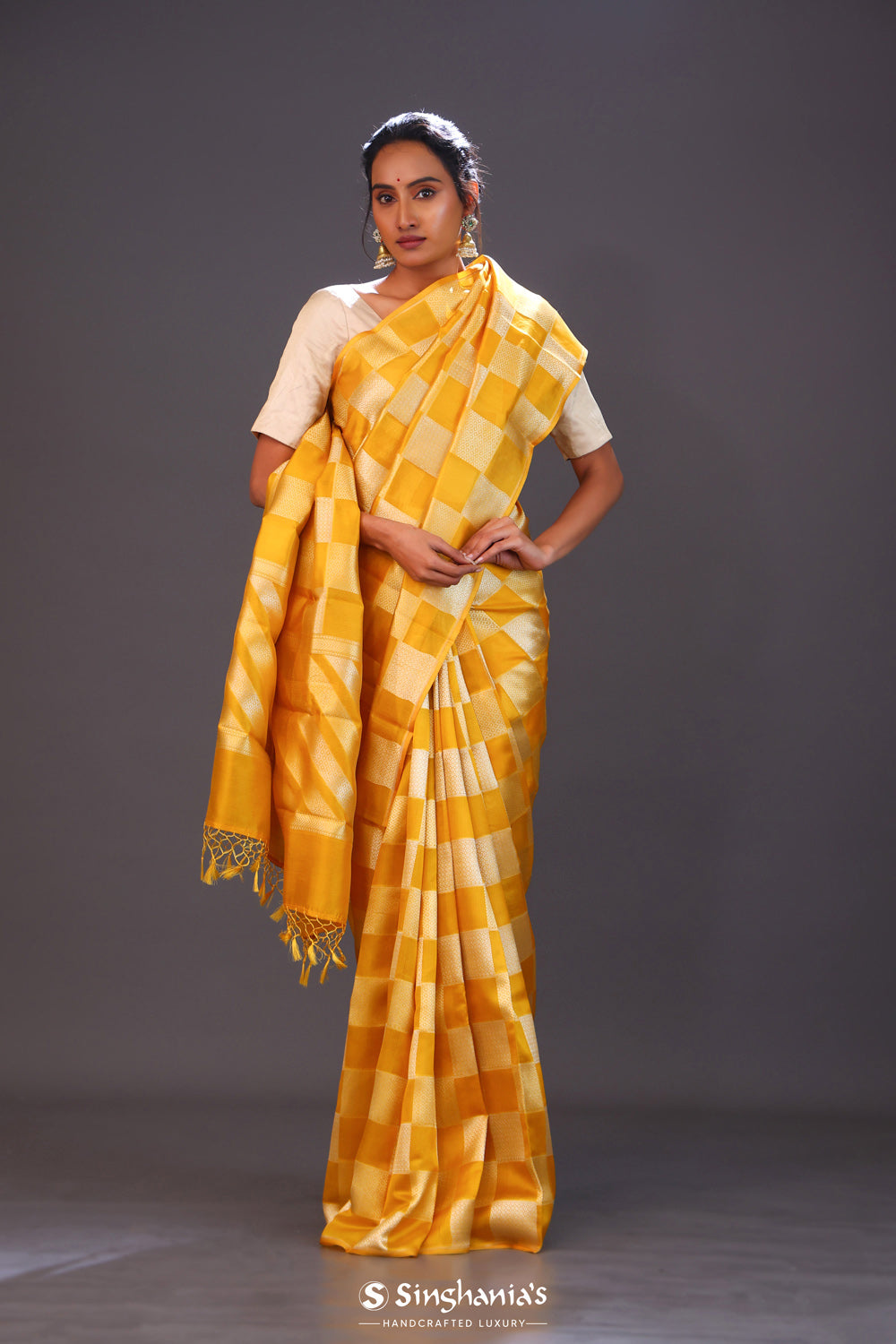 Honey Yellow Checks Banarasi Silk Saree