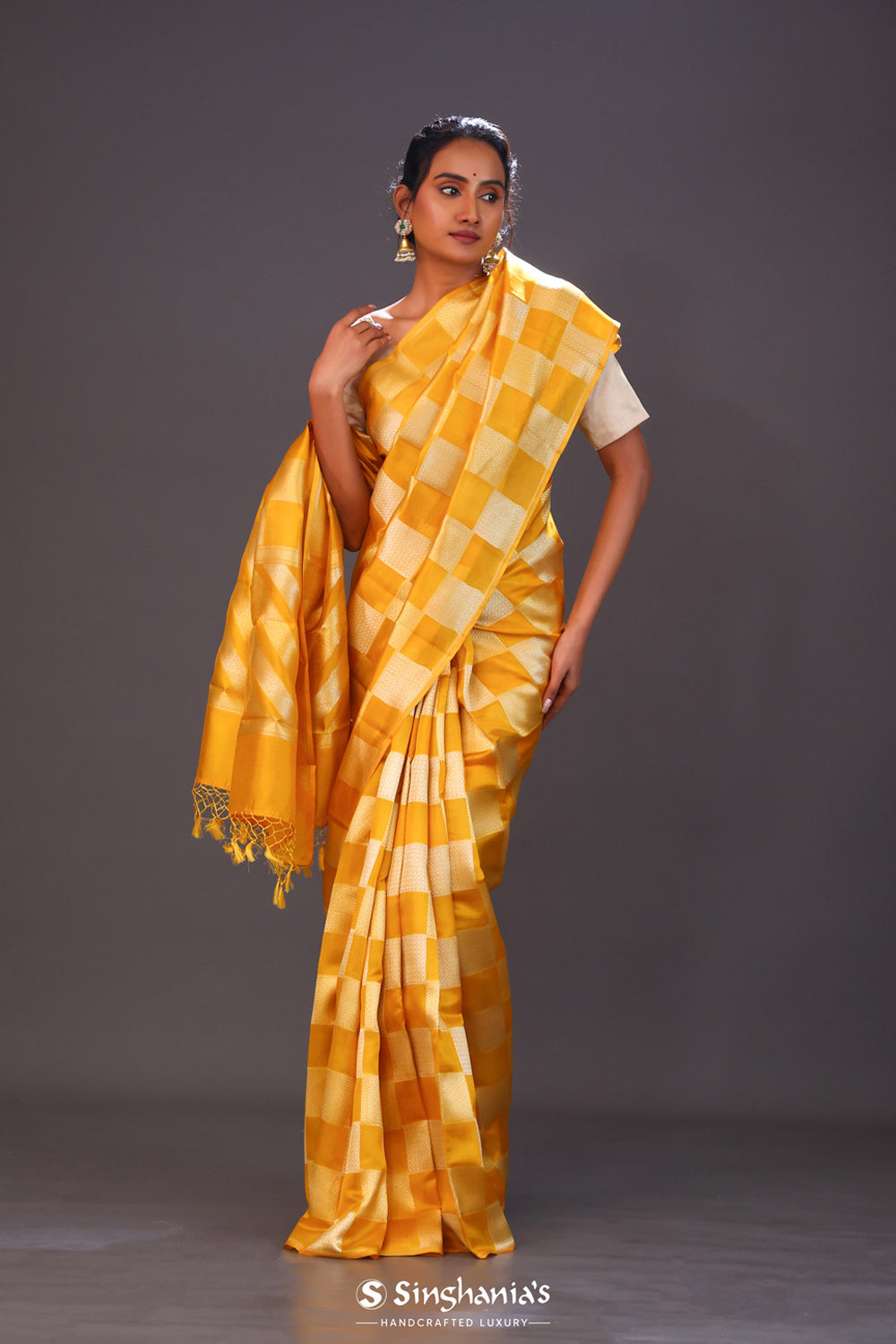 Honey Yellow Checks Banarasi Silk Saree