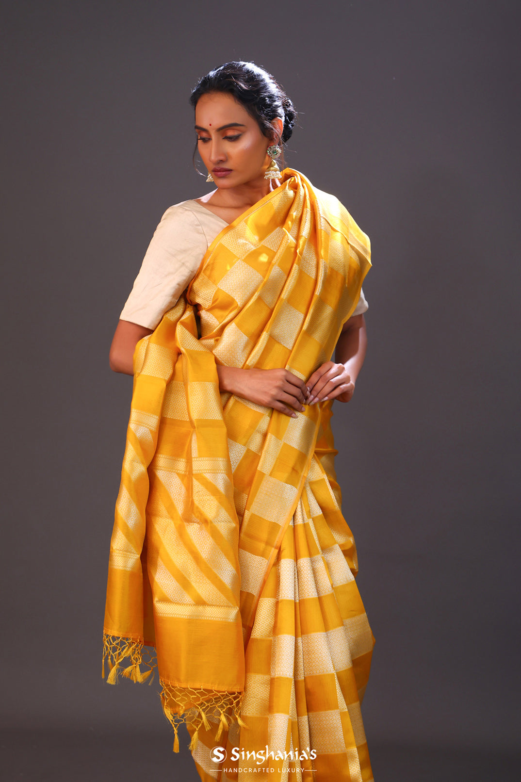 Honey Yellow Checks Banarasi Silk Saree