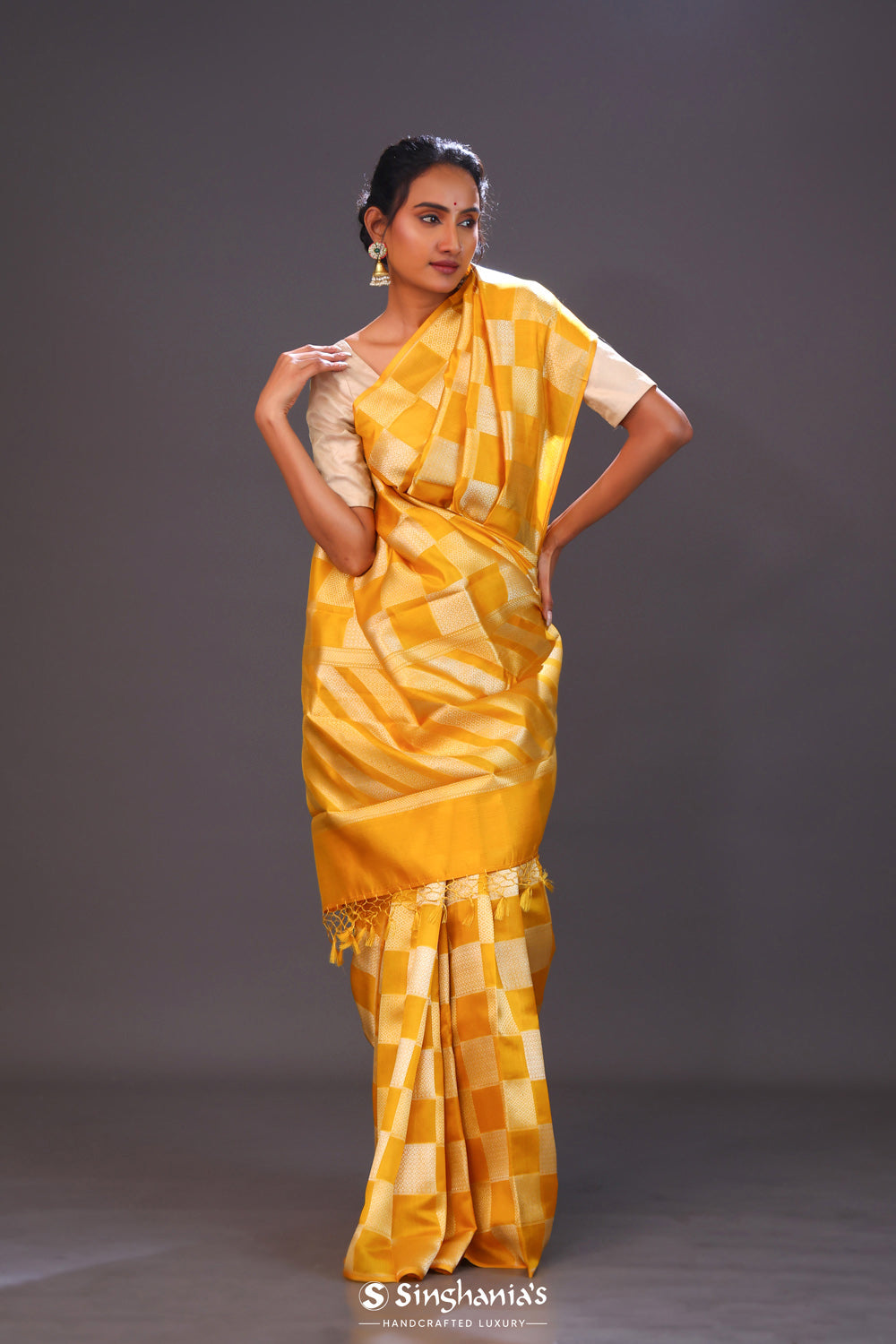 Honey Yellow Checks Banarasi Silk Saree