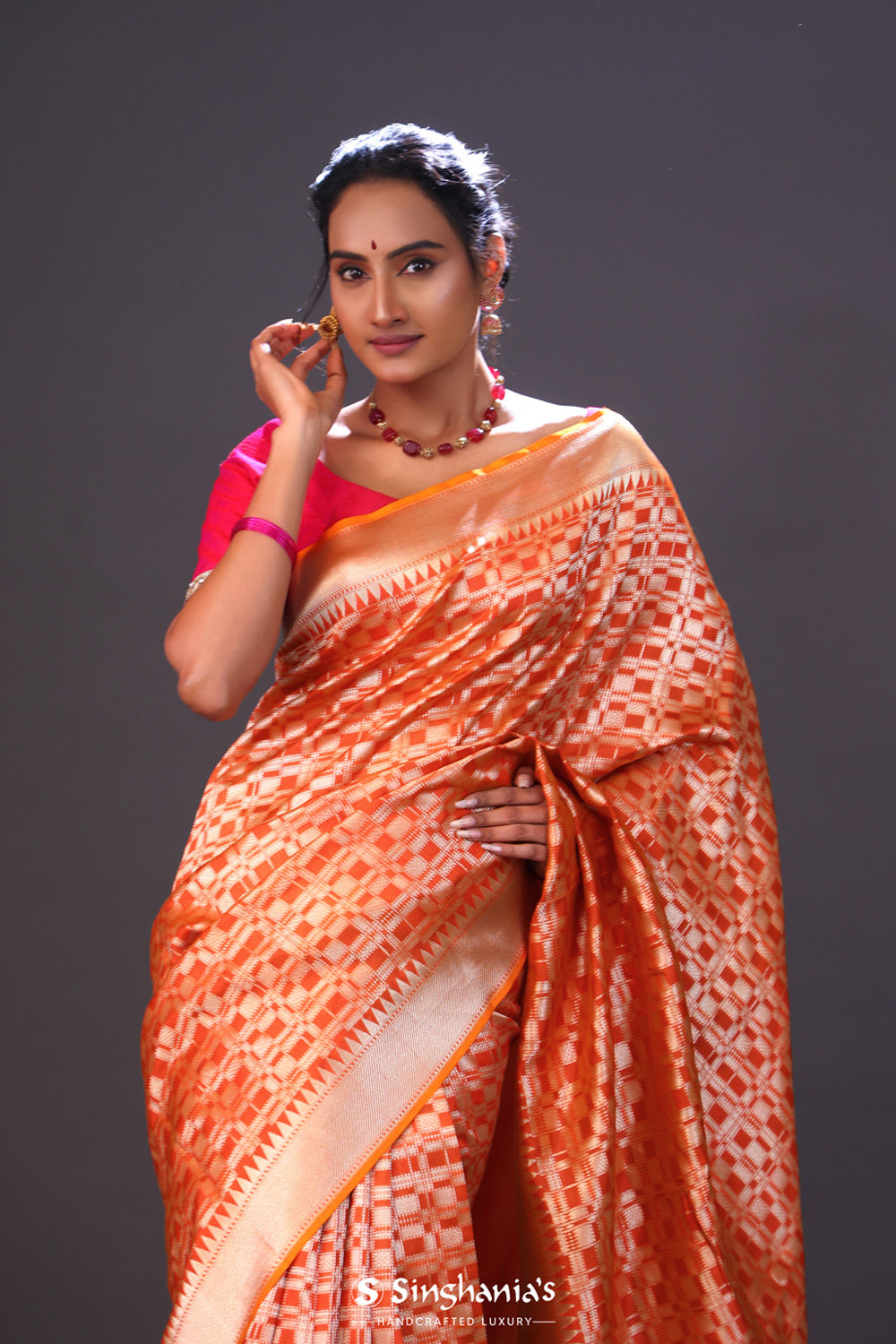 Dark Orange Jaal Banarasi Silk Saree