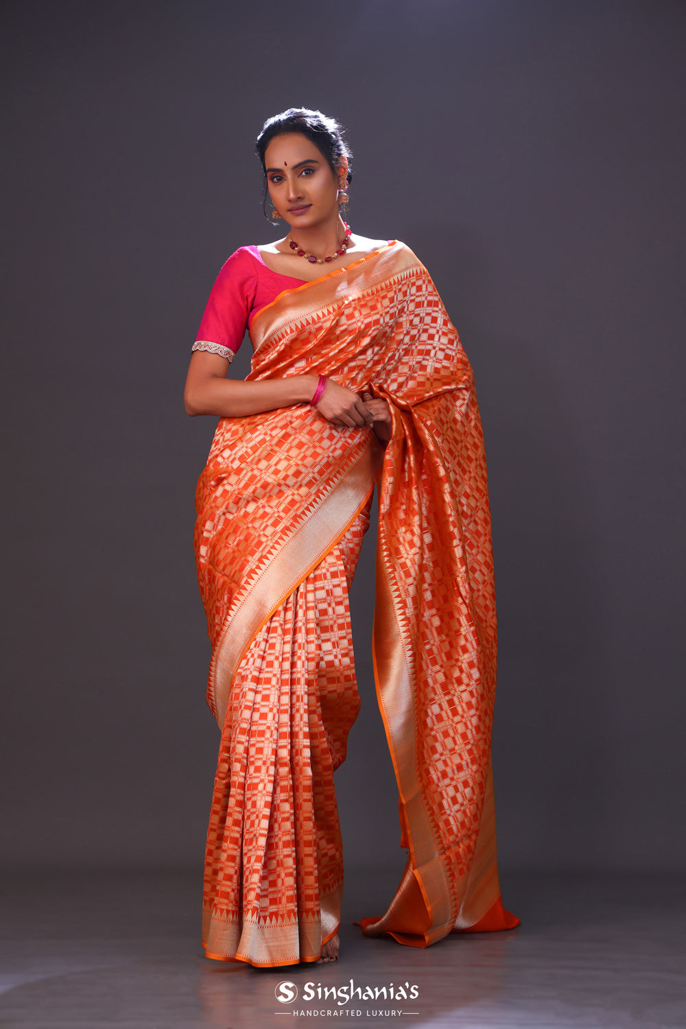 Dark Orange Jaal Banarasi Silk Saree