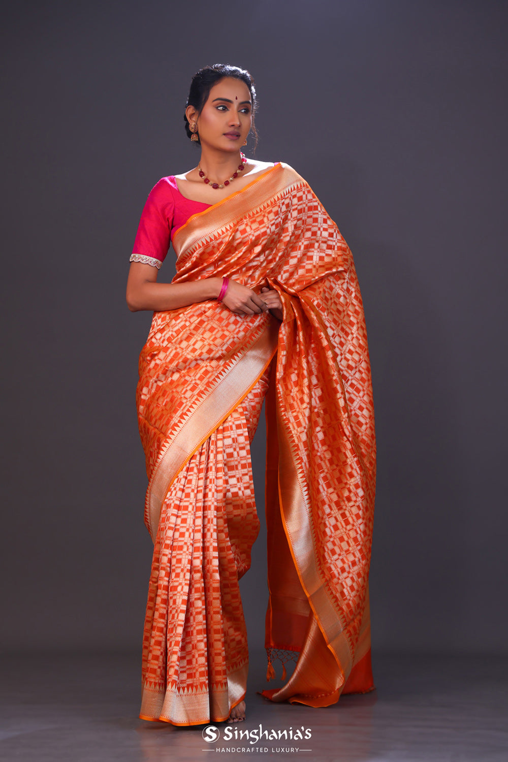 Dark Orange Jaal Banarasi Silk Saree