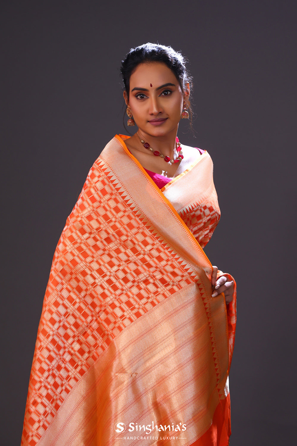 Dark Orange Jaal Banarasi Silk Saree