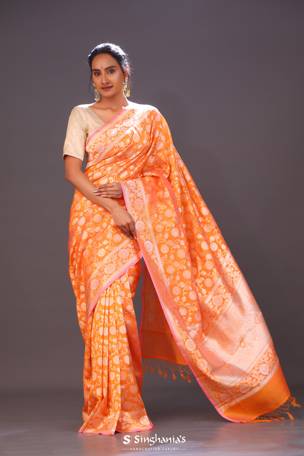 Pumpkin Orange Jaal Banarasi Silk Saree