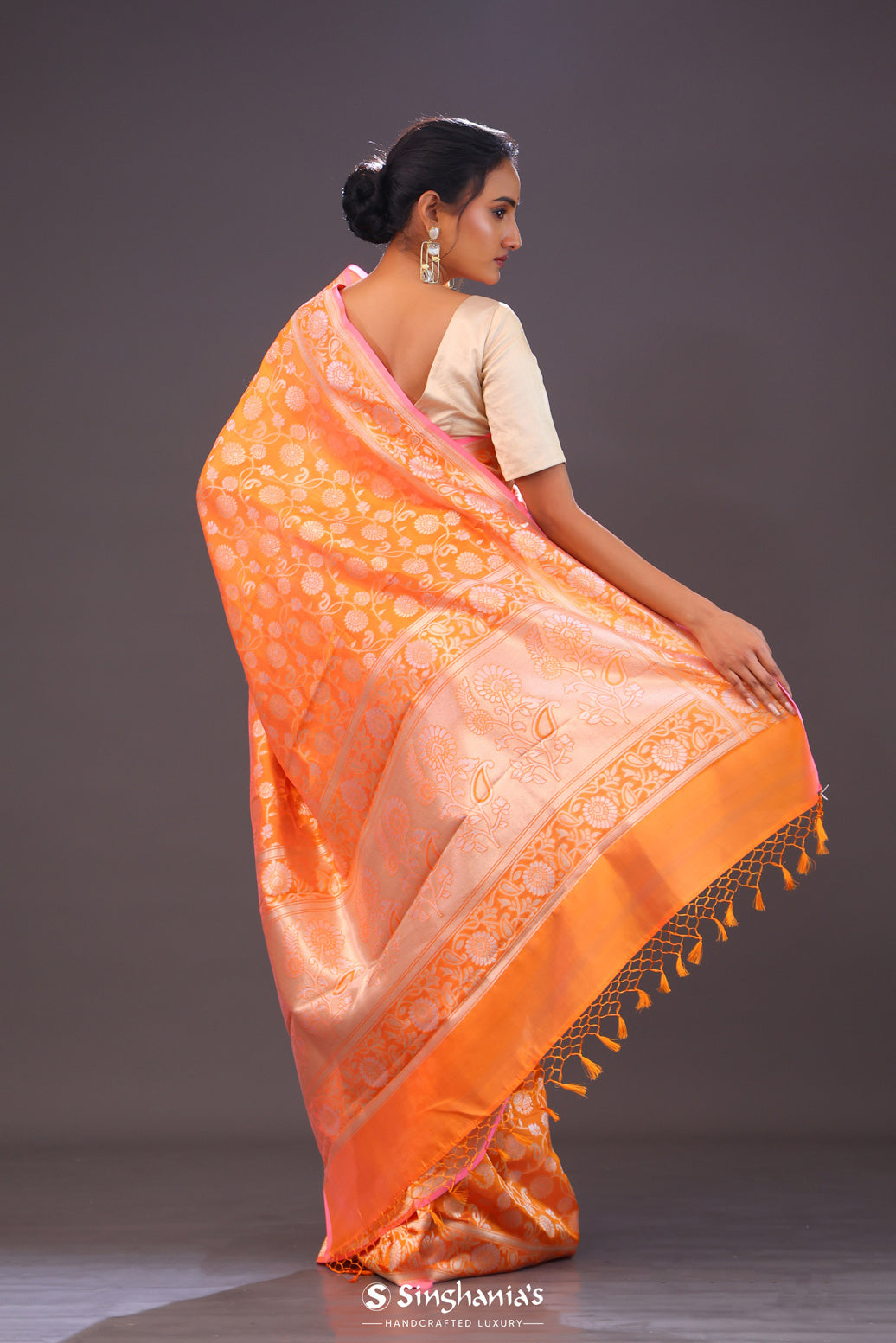 Pumpkin Orange Jaal Banarasi Silk Saree