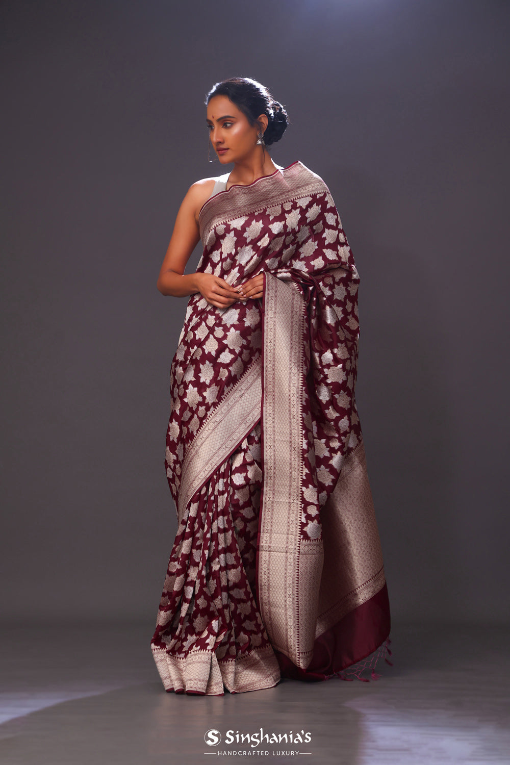 Jam Purple Floral Banarasi Silk Saree