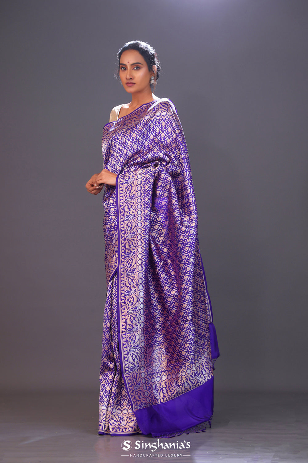 Kingfisher Purple Floral Banarasi Silk Saree