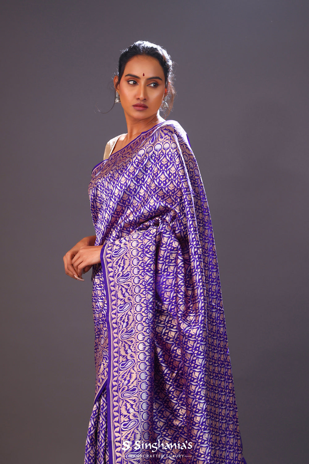 Kingfisher Purple Floral Banarasi Silk Saree