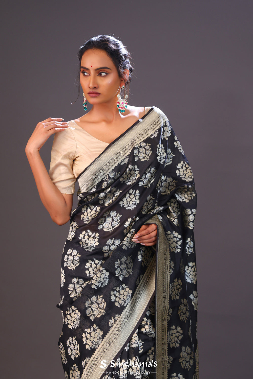 Charcoal Black Floral Banarasi Silk Saree