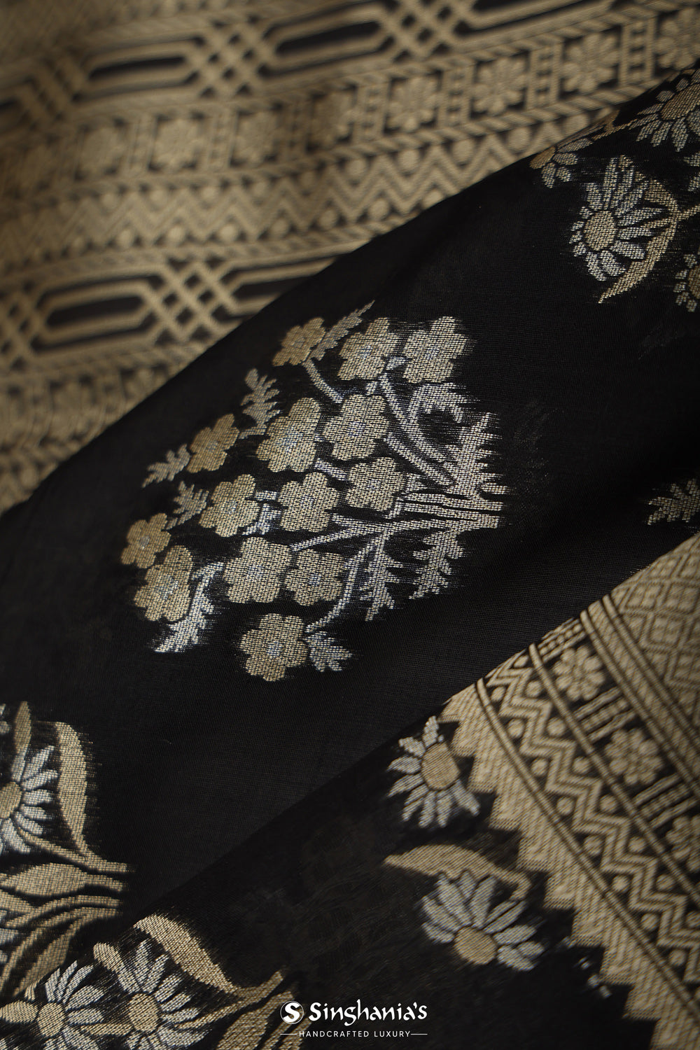 Charcoal Black Floral Banarasi Silk Saree