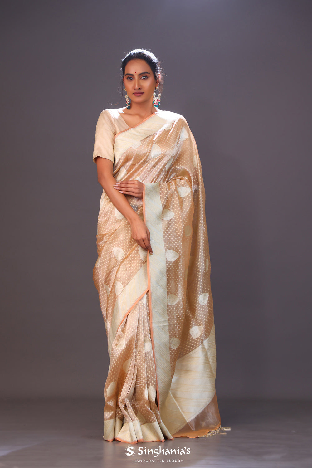 Marble Peach Floral Butta Organza Banarasi Saree