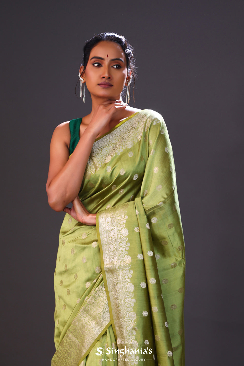 Olive Green Chiniya Banarasi Silk Saree