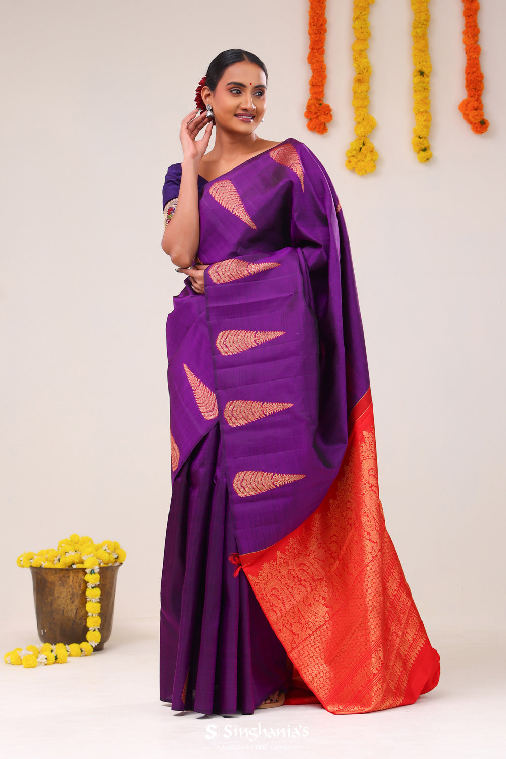 Deep Purple Floral Kanjivaram Silk Saree