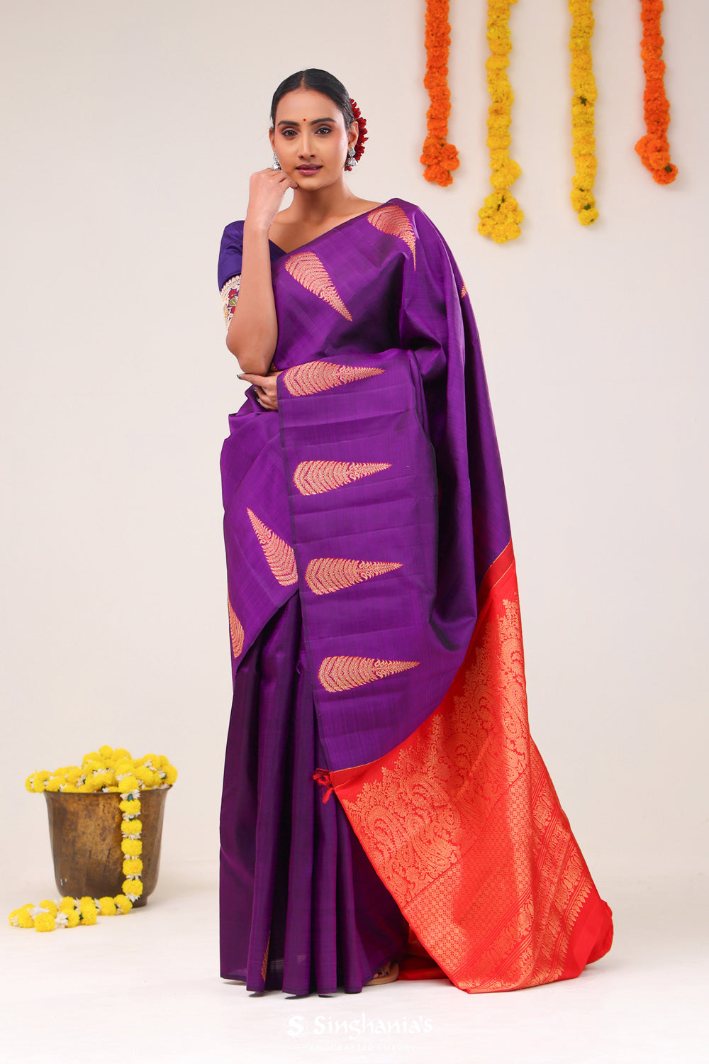 Deep Purple Floral Kanjivaram Silk Saree