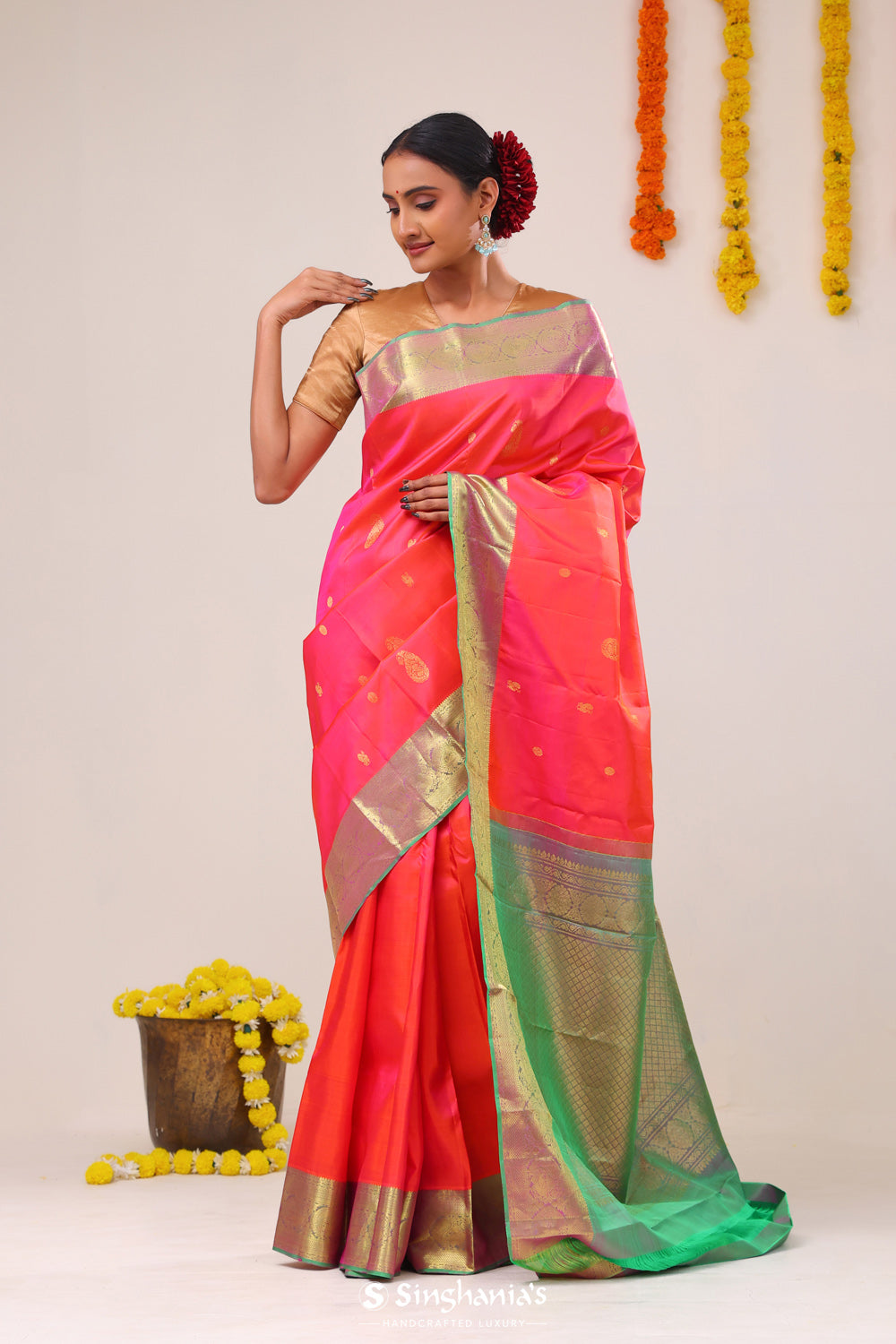 Neon Fuchsia Paisley Kanjivaram Silk Saree